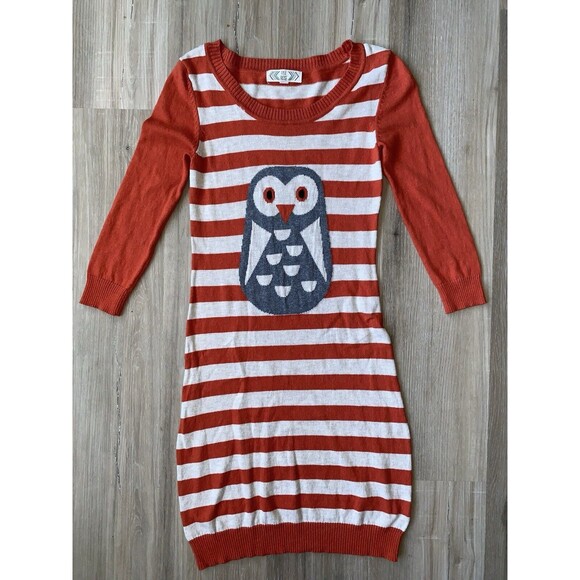 Pink Rose, Orange Owl And White Stripe Sweater Dress Sz SMALL - Picture 1 of 9
